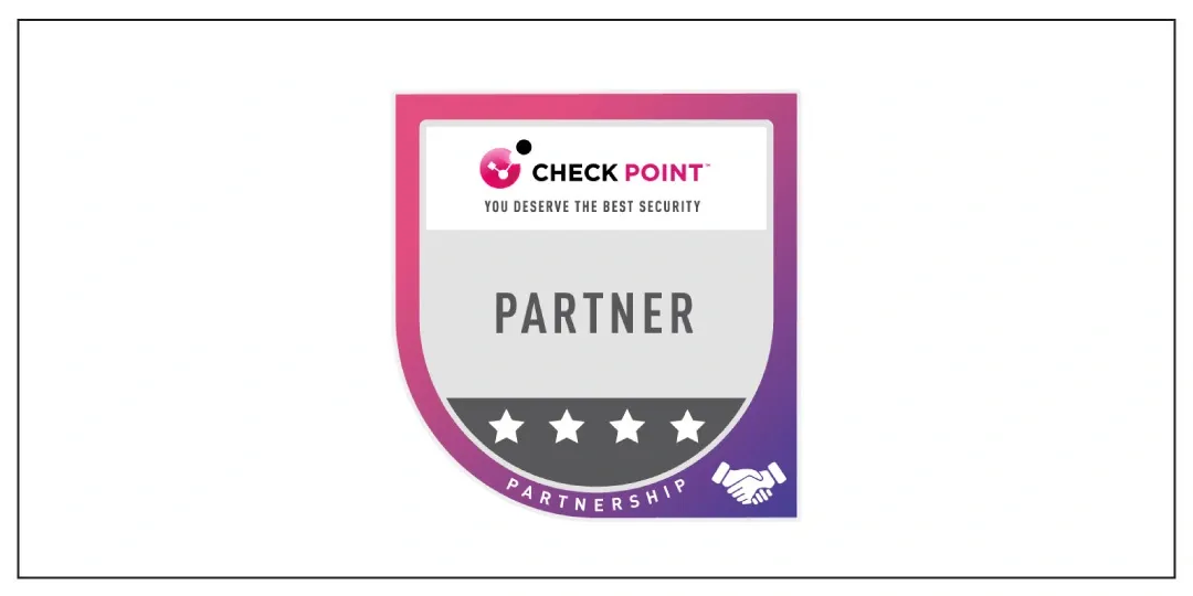 Check Point Partner badge with four stars and a handshake, signifying a recognized partnership.