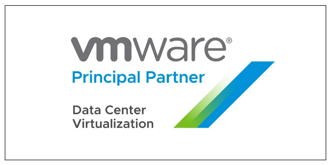 VMware Principal Partner logo, highlighting "Data Center Virtualization" with a blue-green graphic.