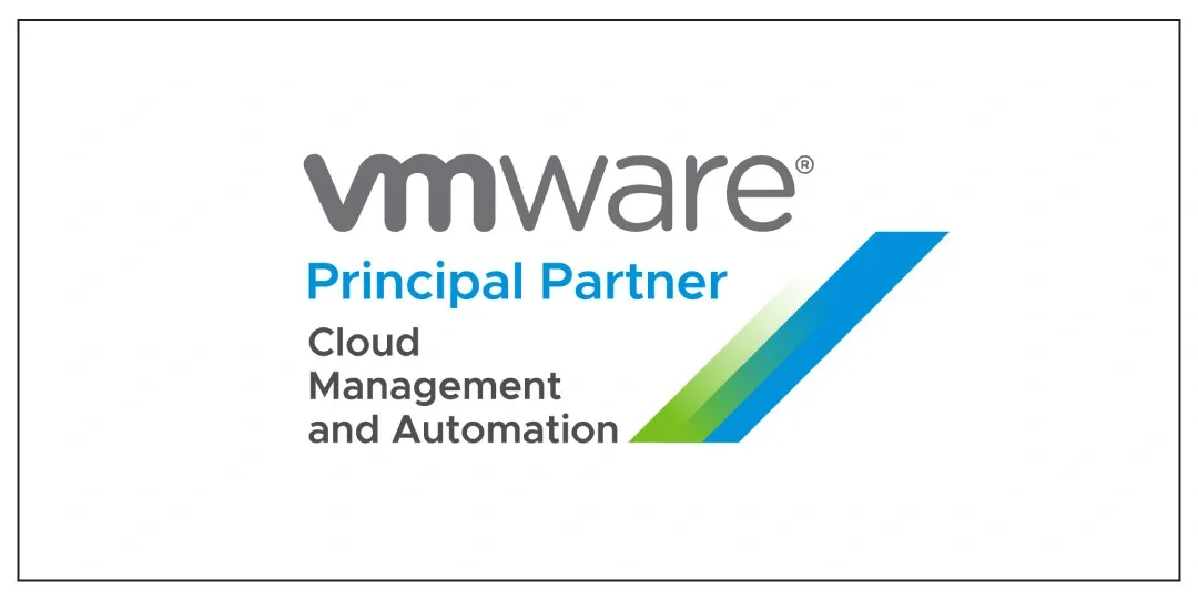 VMware Principal Partner logo for Cloud Management and Automation services with blue and green V graphic.